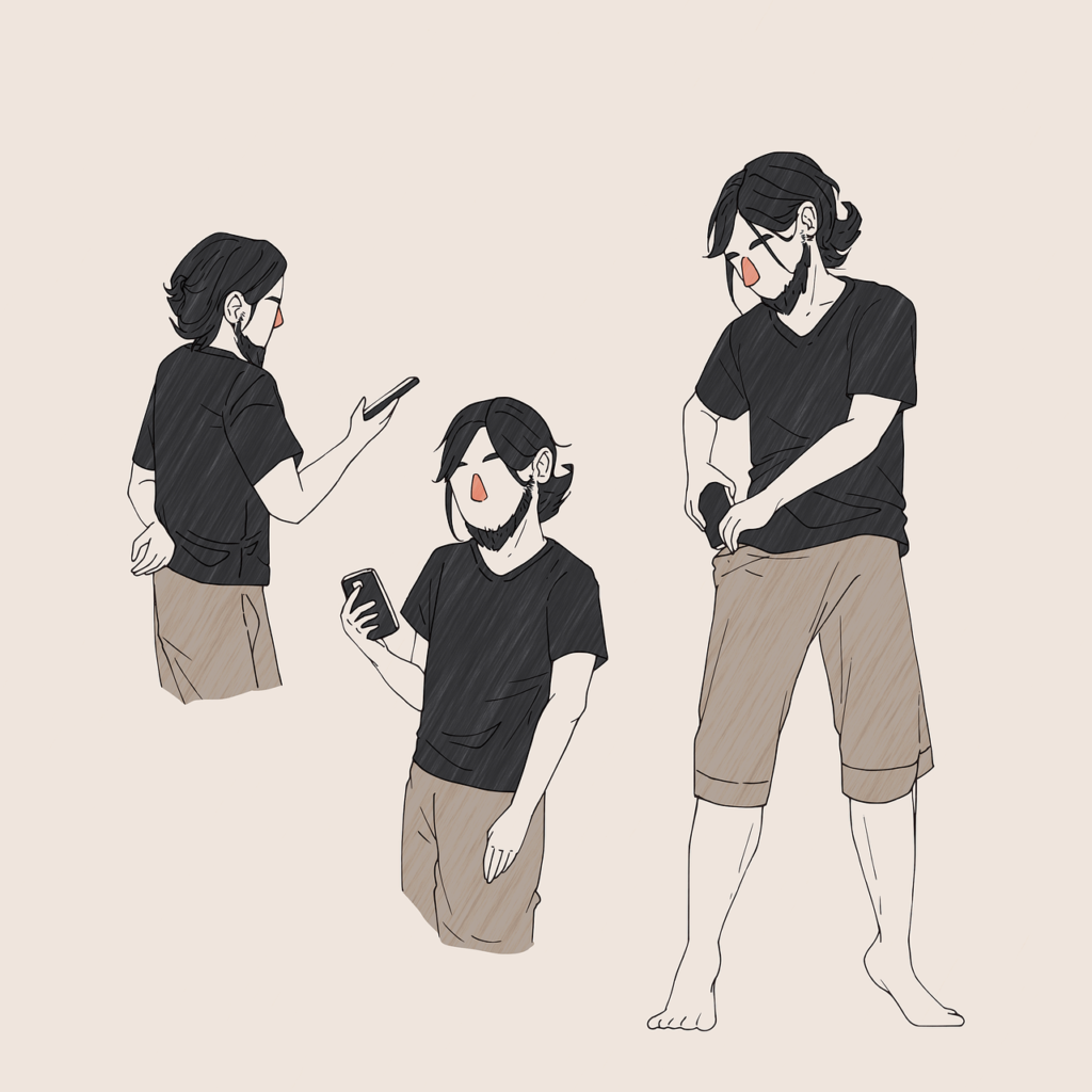 Illustration representing the impact of social media on children, showing a young person absorbed in a smartphone in different poses, highlighting screen addiction and digital influence on behavior.