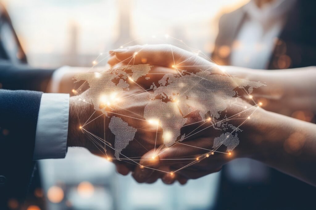 The Role of AI in Business illustrated by a global digital network overlay connecting a professional handshake, symbolizing AI-driven innovation and worldwide business growth.